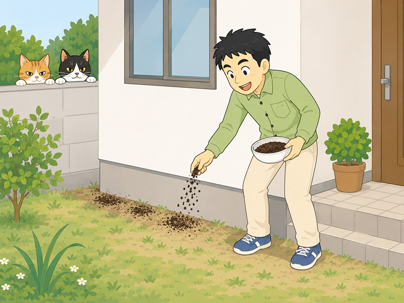 コーヒーかすをまくマッキー